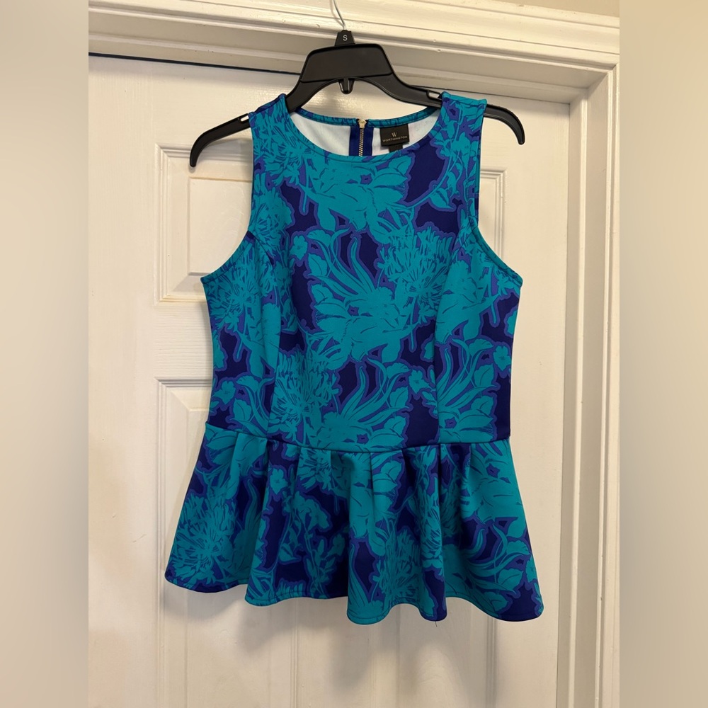 Worthington Blue and Teal Floral Peplum Blouse